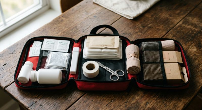 trousse de secours ouverte sur une table